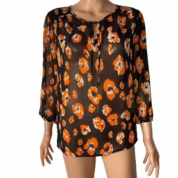 Pleione Floral Print Sheer Black Orange Blouse - SM lightweight top orange black - Picture 2 of 6